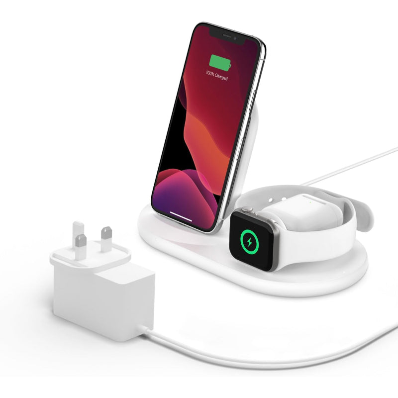 Belkin 3-in-1 Wireless Charging Dock 7.5W – Fast Charger for iPhone, Apple Watch & AirPods – White | Qi Certified, Sleek Multi-Device Charging Station