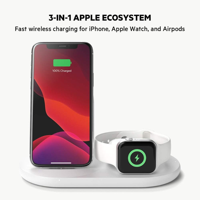 Belkin 3-in-1 Wireless Charging Dock 7.5W – Fast Charger for iPhone, Apple Watch & AirPods – White | Qi Certified, Sleek Multi-Device Charging Station