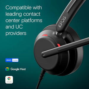 Black EPOS headset with compatibility text and logos on a teal background