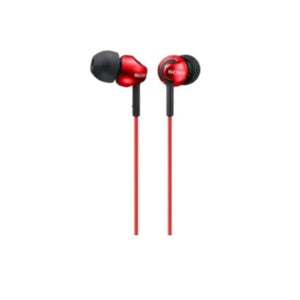 Red and black in-ear headphones on a white background
