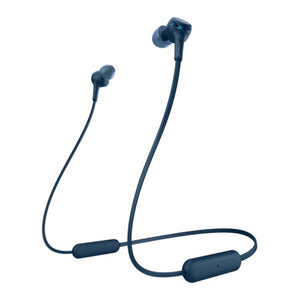 Blue wireless earbuds with a cable on a white background
