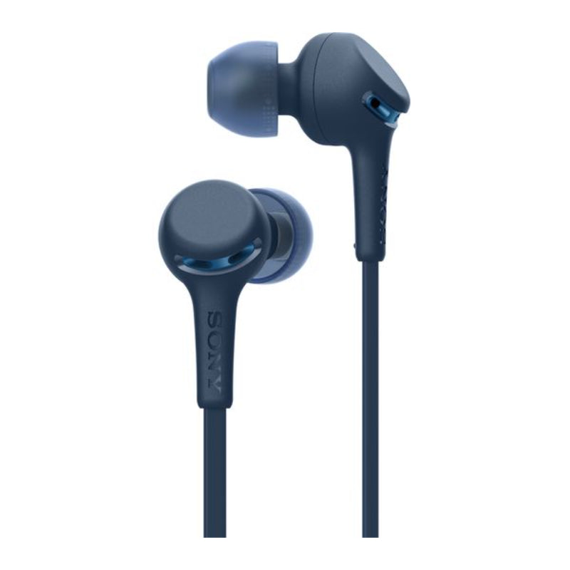 Blue Sony earphones on a white background