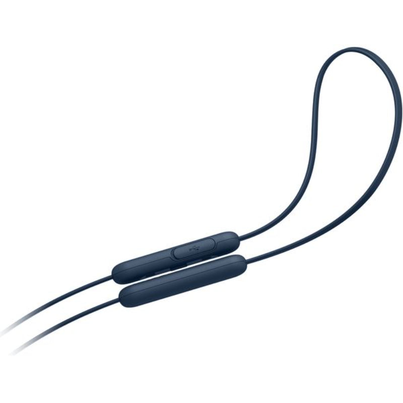 Blue wireless earbuds with a cable on a white background